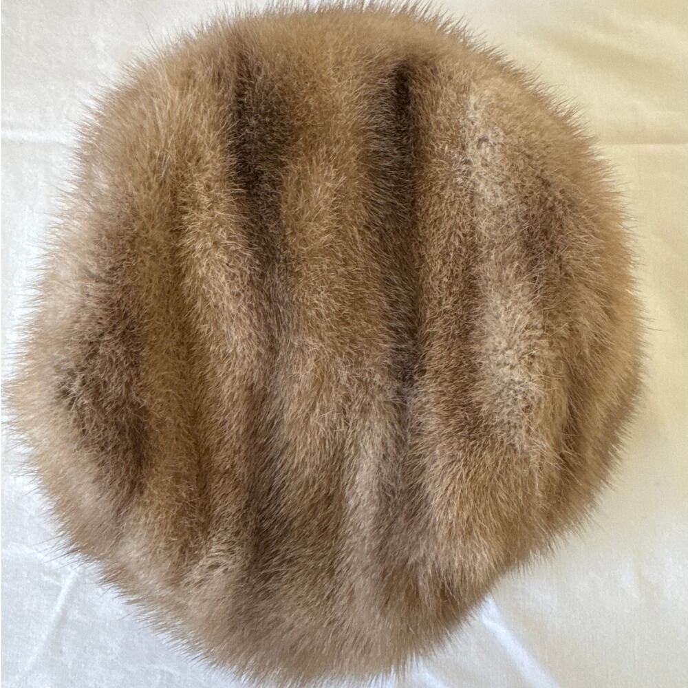 Vintage Mid-Century Genuine Brown Mink Fur Pillbox Hat Textured Striped Pattern